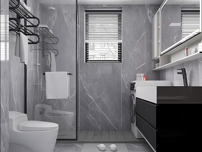 Modern Grey Marble Bathroom With Glass Shower Partition And Full Set Of Bath Fixtures 3d model
