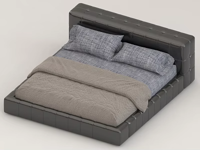 Modern Double Bed With Black Leather Tufted Headboard Gray Comforter And Plaid Pillows 3d model