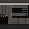 Modern Gray Sideboard with Marble Backsplash Shelves Jars Drawers Cabinets and Fish Tank