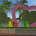 Heart Shaped Pink Flower Arch With Palm Trees And Colorful LOVE Letters In Garden Landscape