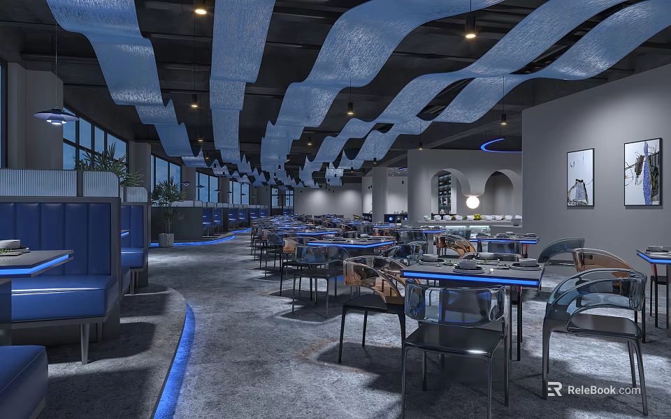 Modern Restaurant Interior With Wavy Blue Ceiling Decor Stylish Booths And Chic Tables 3d model 