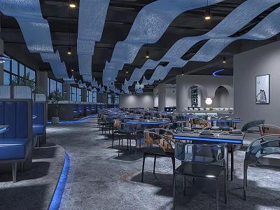 Modern Restaurant Interior With Wavy Blue Ceiling Decor Stylish Booths And Chic Tables 3d model