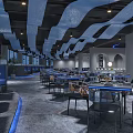 Modern Restaurant Interior With Wavy Blue Ceiling Decor Stylish Booths And Chic Tables