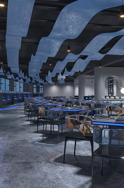 Modern Restaurant Interior With Wavy Blue Ceiling Decor Stylish Booths And Chic Tables 3d model
