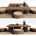 Rustic Wooden Tea Table with Woven Stools and Tea Set Arrangement 3d model