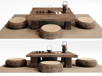 Rustic Wooden Tea Table with Woven Stools and Tea Set Arrangement 3d model