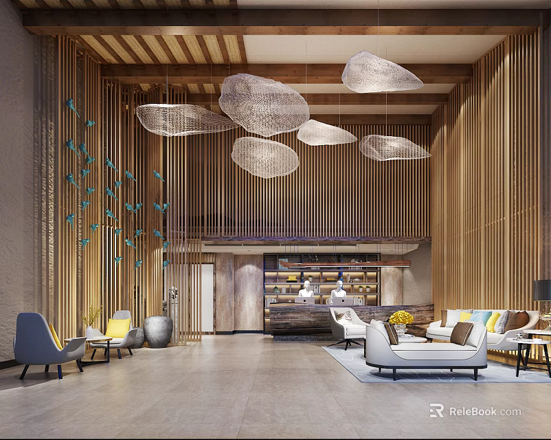 Hotel Lobby Interior With Wooden Panels Pendant Lights Butterfly Decorations And Comfortable Seating Area 3d model 