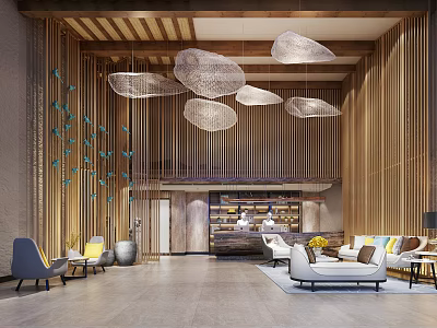 Hotel Lobby Interior With Wooden Panels Pendant Lights Butterfly Decorations And Comfortable Seating Area 3d model