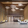 Hotel Lobby Interior With Wooden Panels Pendant Lights Butterfly Decorations And Comfortable Seating Area