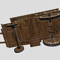 Vintage Wooden Carriage Featuring Decorative Roof Beams Spoked Wheels And Ornate Panels