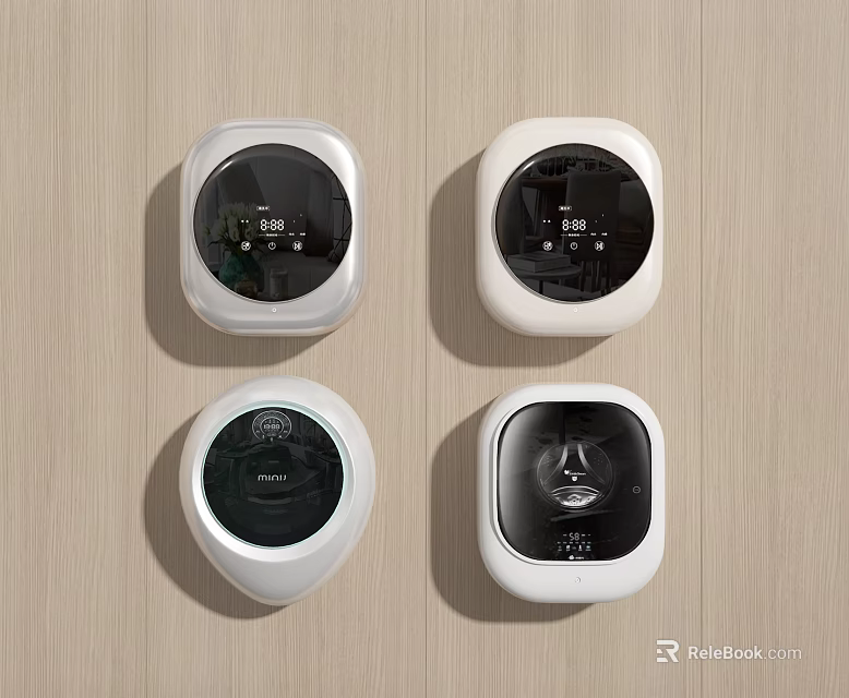 Four White Round Household Electrical Appliances With Digital Display On Wooden Surface 3d model 