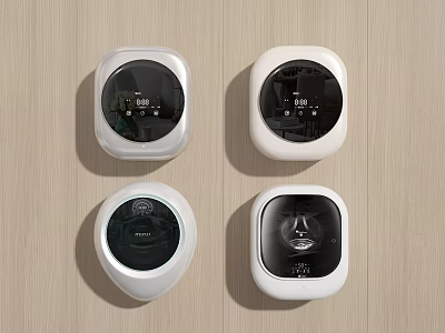 Four White Round Household Electrical Appliances With Digital Display On Wooden Surface 3d model
