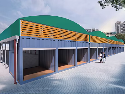 Modern Department Store With Green Roof Yellow Louvers Blue Walls And Open Compartments 3d model