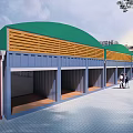 Modern Department Store With Green Roof Yellow Louvers Blue Walls And Open Compartments