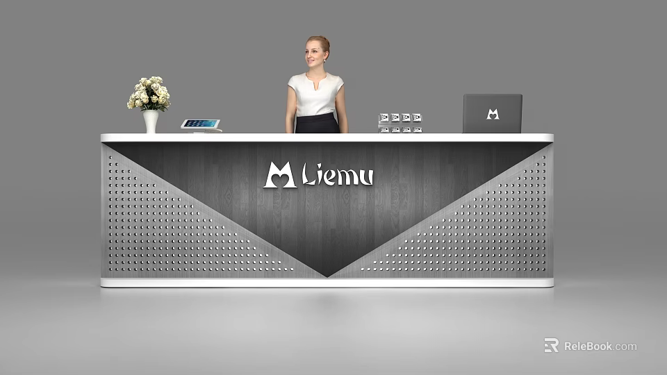 Modern Liemu Reception Desk With Flower Vase Tablet Laptop And Perforated Panels 3d model 