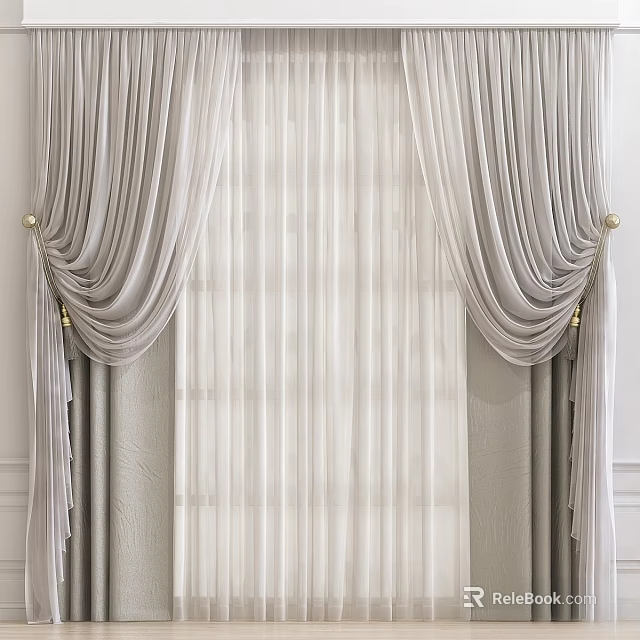 Elegant Light Colored Curtains With Sheer Layer And Gold Tiebacks Design 3d model 
