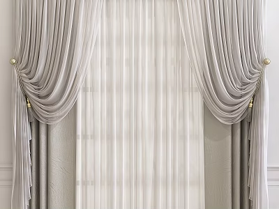 Elegant Light Colored Curtains With Sheer Layer And Gold Tiebacks Design 3d model