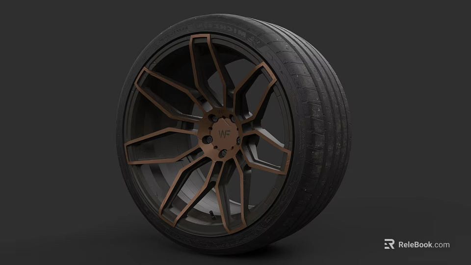 Car Tire With Bronze Alloy Wheel And Modern Spoke Design Features Black Rubber 3d model 