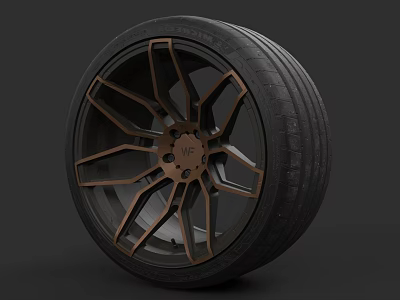 Car Tire With Bronze Alloy Wheel And Modern Spoke Design Features Black Rubber 3d model