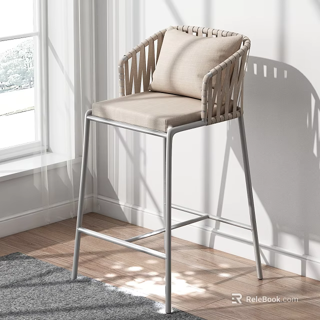 Modern Leisure Chair With Woven Armrests Padded Seat And Silver Metal Frame By Window Natural Light 3d model 