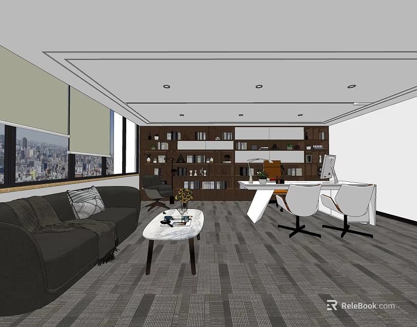 Modern Office Interior With Sofa Coffee Table Bookshelf Work Desk And Gray Carpet 3d model