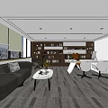 Modern Office Interior With Sofa Coffee Table Bookshelf Work Desk And Gray Carpet 3d model