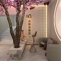 Beauty Hair Salon Interior Design With Cherry Blossom Tree Cozy Sofa And Decorative Wall