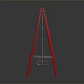 Swing Structure With Red Frame Silver Crossbar Chains And Wooden Seat Against Black Background