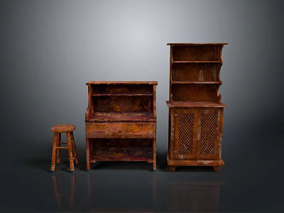 Vintage Wooden Chest of Drawers with Shelves Stool and Classic Retro Brown Design Elements 3d model