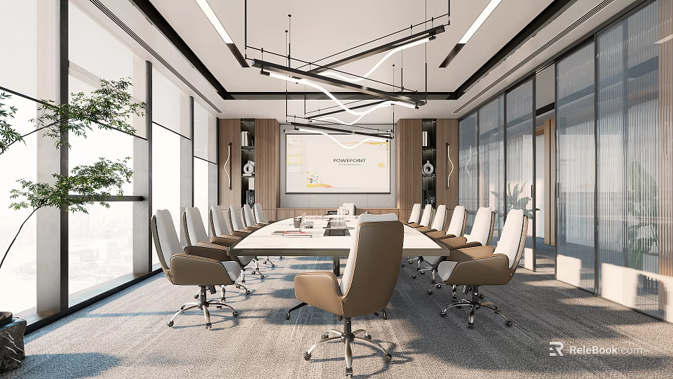 Modern Conference Room Interior Design With Large Windows Projection Screen And Comfortable Chairs 3d model 