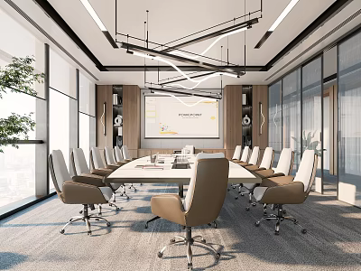 Modern Conference Room Interior Design With Large Windows Projection Screen And Comfortable Chairs 3d model