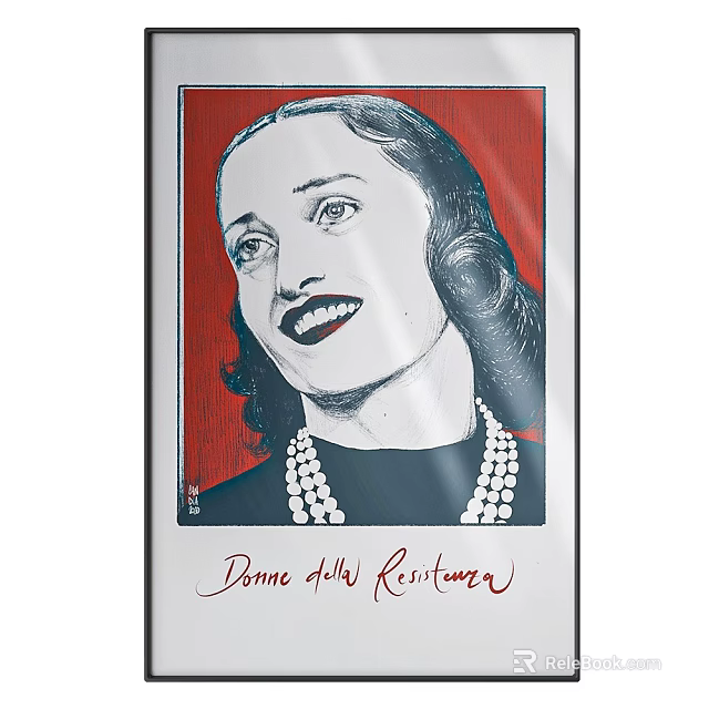 Portrait Painting of a Woman with Wavy Hair and Pearl Necklace on Red Background 3d model 