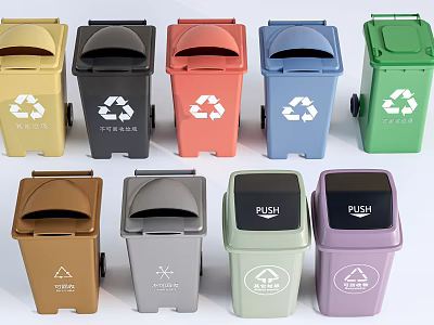 Public Recycling Bins With Various Colors And Recycle Symbols For Waste Sorting 3d model