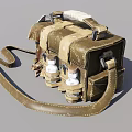 Vintage Leather Bag With White Wrapped Handle Straps And Attached Small Bottles