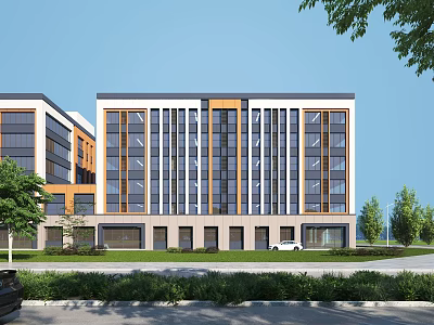 Modern Office Building Exterior Design With Glass Windows Green Lawns And Trees 3d model
