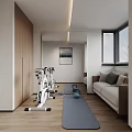 Modern Rec Room With Exercise Bikes Yoga Mats Sofa And Wall Art