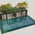 Illuminated Stone Scenic Wall With Circular Ornament Greenery Water Pool And Reflection