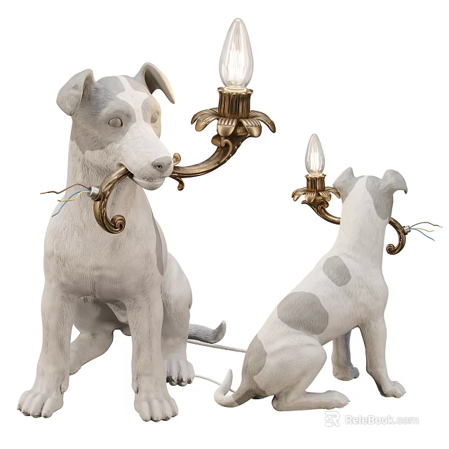 Dog Shaped Unique Floor Lamp With White Gray Spots And Golden Arm Design 3d model 