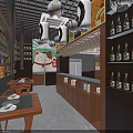 Japanese Style Restaurant Interior With Hanging Lanterns Wooden Tables And Shelves With Bottles