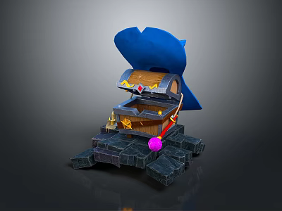 Magical Treasure Chest With Blue Lid Golden Decorations On Stone Platform And Purple Ball 3d model