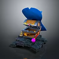 Magical Treasure Chest With Blue Lid Golden Decorations On Stone Platform And Purple Ball