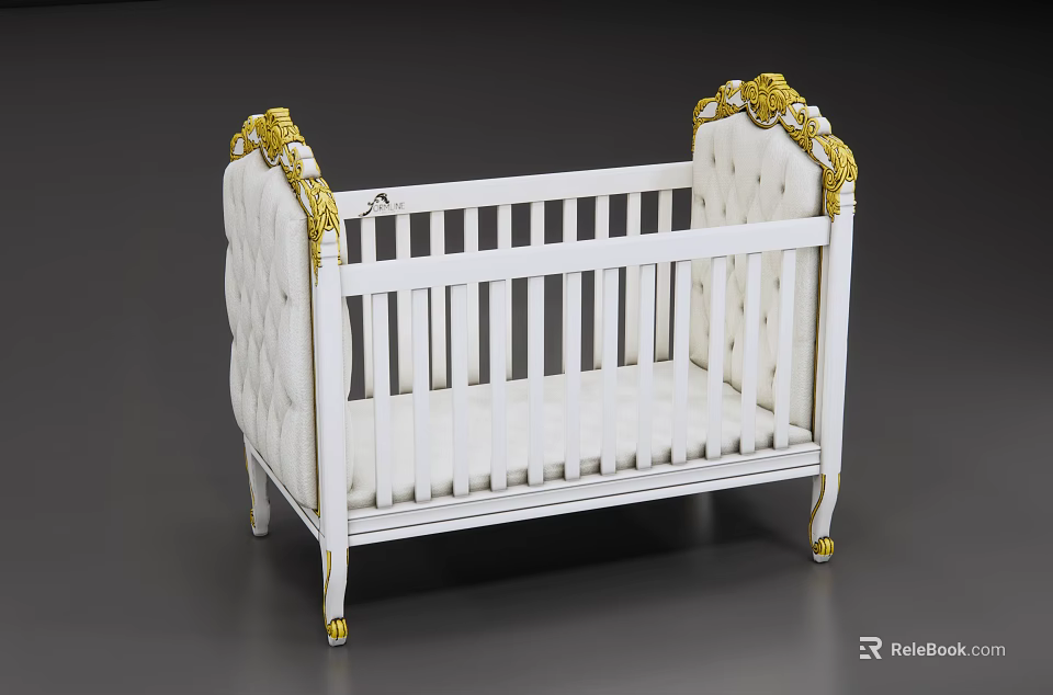 White Baby Crib With Gold Decorative Accents And Carved Headboard Design 3d model 