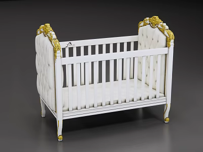White Baby Crib With Gold Decorative Accents And Carved Headboard Design 3d model