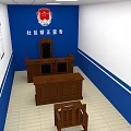 Community Correction Courtroom Interior With Blue Walls Wooden Tables Chairs And Announcement Emblem