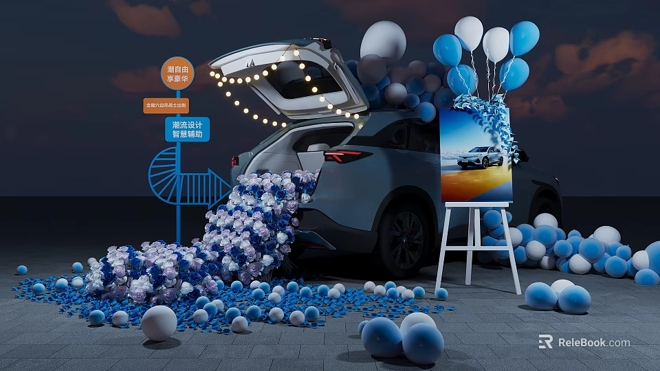 Car With Open Trunk And Blue White Balloons Display Scene 3d model 