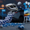 Car With Open Trunk And Blue White Balloons Display Scene