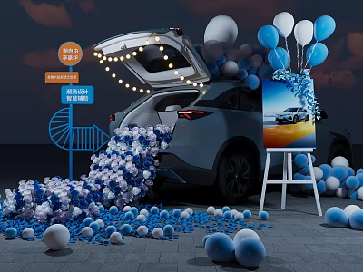 Car With Open Trunk And Blue White Balloons Display Scene 3d model