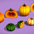 Various Colored Whole And Sliced Pumpkins Arranged On Purple Background