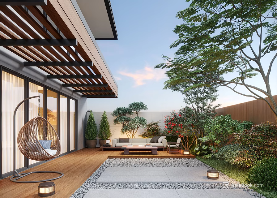 Modern Courtyard Garden With Wooden Pergola Deck Hanging Chair Sofa Green Plants And Pebble Path 3d model 