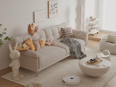 Beige Double Sofa With Colorful Pillows Gray Blanket And Stuffed Rabbit In Cozy Living Room 3d model